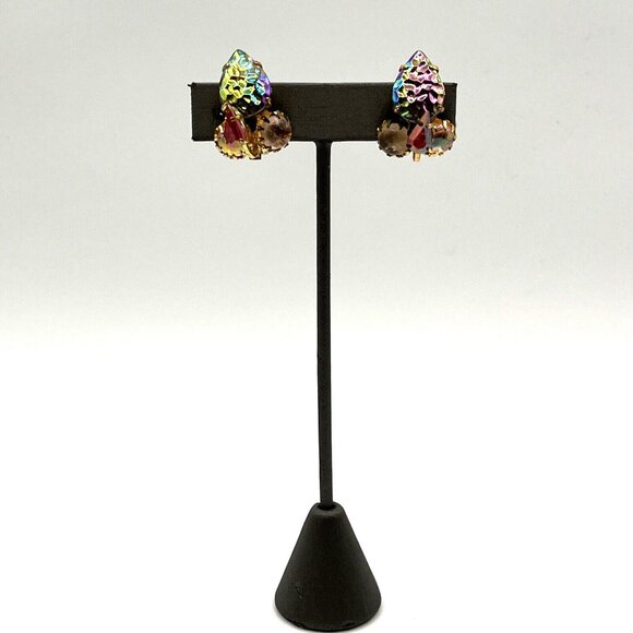 Vintage West Germany Earrings Lava Rock Peacock Glass Clip Earrings Gold Tone 1" - Picture 2 of 11